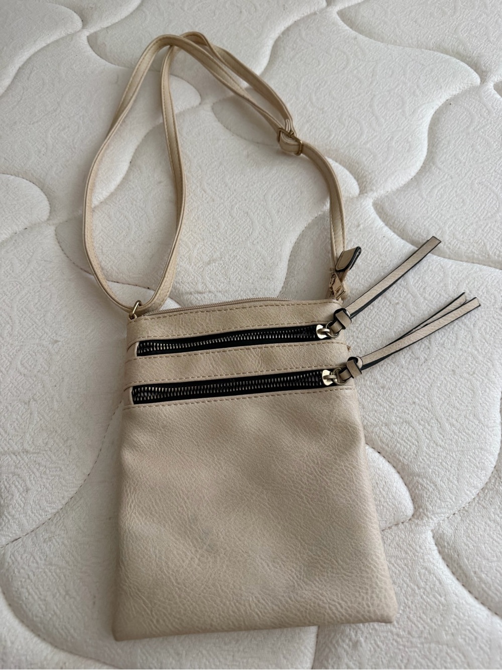 Beige Crossbody Bag with Dual Zippers